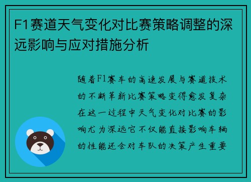 F1赛道天气变化对比赛策略调整的深远影响与应对措施分析