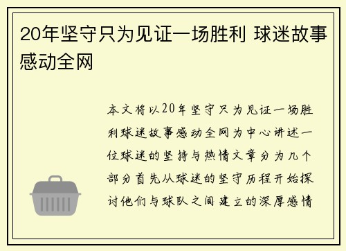 20年坚守只为见证一场胜利 球迷故事感动全网